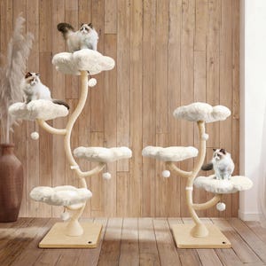 Eden Cloud-kollektion, blommigt klösträd, modernt klätterträd i trä för katter, stora kattmöbler, kattpresent, lyxig kattlägenhet