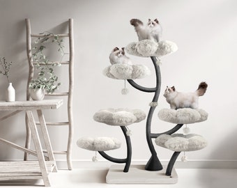 HEXAFLORA Holzkratzbaum, Katzenturm aus Holz, Moderne Katze Kletterbaum, Katzenmöbel, Katzengeschenk, Luxus-Katzenwohnung, Blumenkratzbaum, GG