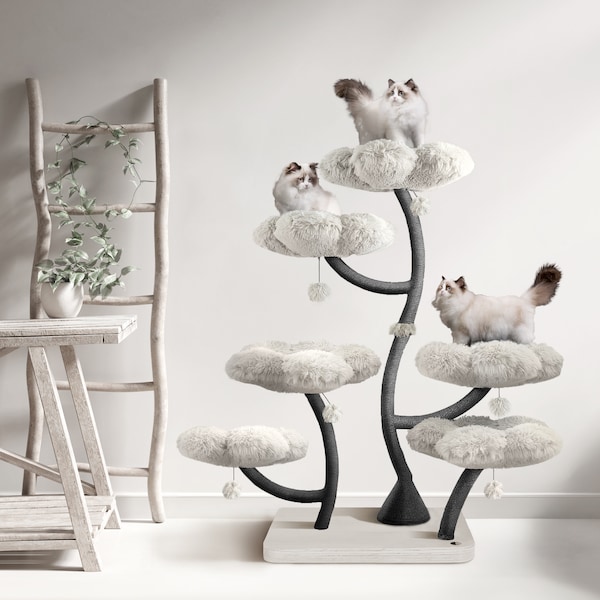 HEXAFLORA Wood Cat Tree Tower, Wooden Cat Tower, Modern Cat Climbing Tree, Cat Furniture, Cat Gift, Luxury Cat Condo, Flower Cat Tree, GG