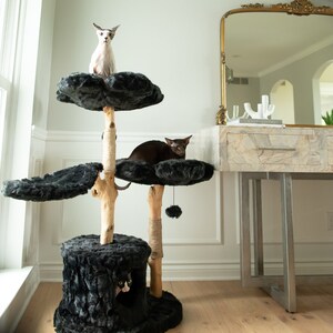 May include: A multi-level cat tree with three platforms covered in dark gray faux fur. The tree has natural wood posts wrapped with rope and features a hideaway cave. Three cats are on the tree.
