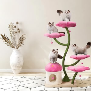 EDEN Wood Floral Cat Tree Tower, Wooden Cat Tower, Modern Cat Climbing Tree, Cat Furniture, Cat Gift, Luxury Cat Condo, Flower Cat Tree, AZ