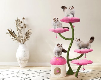 EDEN Wood Floral Cat Tree Tower, Wooden Cat Tower, Modern Cat Climbing Tree, Cat Furniture, Cat Gift, Luxury Cat Condo, Flower Cat Tree, AZ