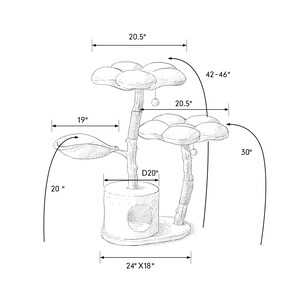 May include: A cat tree with a brown, wooden base and a tree trunk design. The tree has two platforms with plush, round cushions, a hanging toy, and a scratching post. The tree is 42 to 46 inches tall and has a 20-inch diameter base.