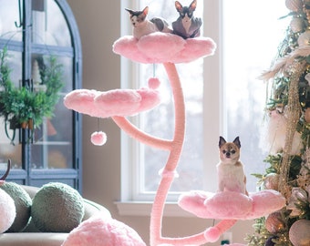 Wood Floral Cat Tree Tower, Wooden Cat Tower, Modern Cat Climbing