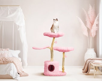 Wooden Cat Tree Tower, Wood Floral Cat Tree Tower, Modern Cat Tree, Cat Furniture, Cat Gift, Luxury Cat Condo, Flower Cat Tree, Size XL