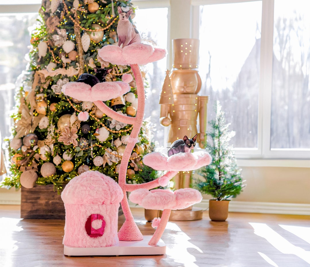 Wood Floral Cat Tree Tower, Wooden Cat Tower, Modern Cat Climbing Tree