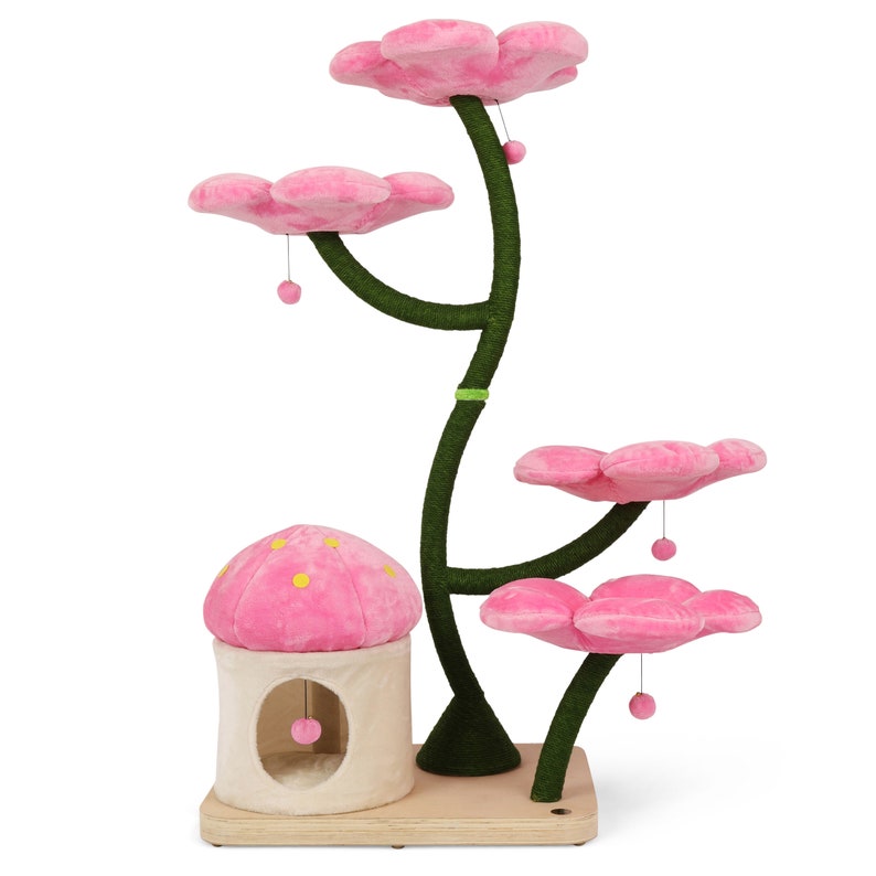 May include: Pink cat tree with a mushroom-shaped house, four platforms shaped like flowers, and dangling toys. The tree is covered in sisal rope and has a wooden base.