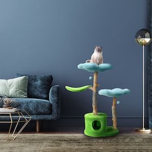 Wood Cat Tree Tower, Wooden Floral Cat Tree, Modern Cat House, Cat Furniture, Cat Gift, Luxury Cat Condo, Flower Cat Tree Size XL