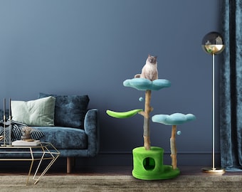 Torre per albero per gatti in legno, albero per gatti floreale in legno, casa per gatti moderna, mobili per gatti, regalo per gatti, condominio di lusso per gatti, albero per gatti con fiori taglia XL