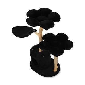 May include: Black cat tree with three platforms shaped like flowers. The platforms are covered in soft black fabric. The tree is made of natural wood and has a sisal rope for scratching.