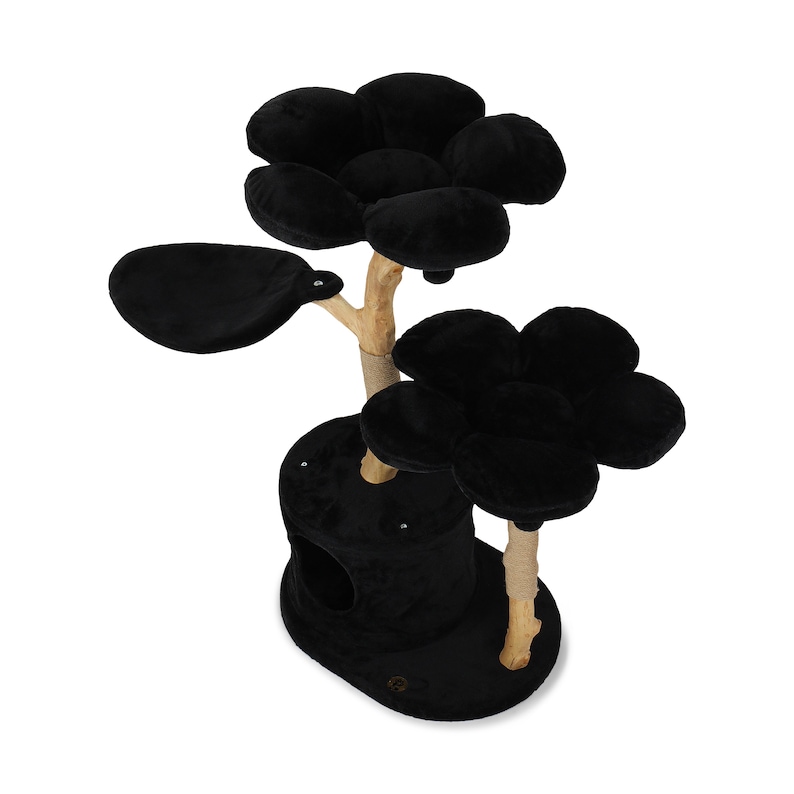 May include: Black cat tree with three platforms shaped like flowers. The platforms are covered in soft black fabric. The tree is made of natural wood and has a sisal rope for scratching.