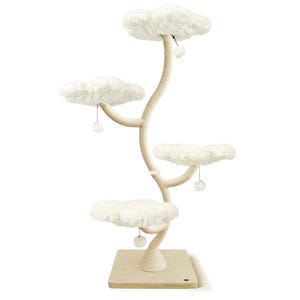 May include: A cat tree with a cloud-like design. The tree features four fluffy, white cloud-shaped platforms and a central, rope-wrapped trunk. Small, dangling pom-poms hang from the platforms. The base is a light-colored, square wooden platform.