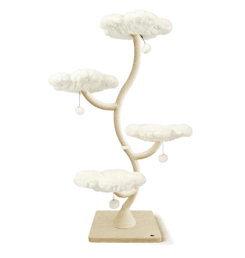 May include: A cat tree with a cloud-like design. The tree features four fluffy, white cloud-shaped platforms and a central, rope-wrapped trunk. Small, dangling pom-poms hang from the platforms. The base is a light-colored, square wooden platform.