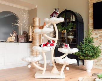 HEXAFLORA Wood Floral Cat Tree Tower, Wooden Cat Tower, Modern Cat Climbing Tree, Cat Furniture, Cat Gift, Luxury Cat Condo, Flower Cat Tree