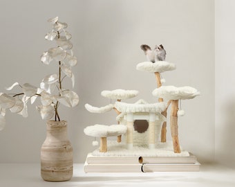 Teddy Blanc Secret Garden, Árbol de gato floral de madera, Torre de gato de madera, Árbol de gato moderno, Muebles para gatos, Casa de gato de lujo, Árbol de gato de flores Tamaño XL