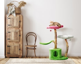 TRES SO Wood Floral Cat Tree Tower, Wooden Cat Tower, Modern Cat Climbing Tree, Cat Furniture, Cat Gift, Luxury Cat Condo, Flower Cat Tree