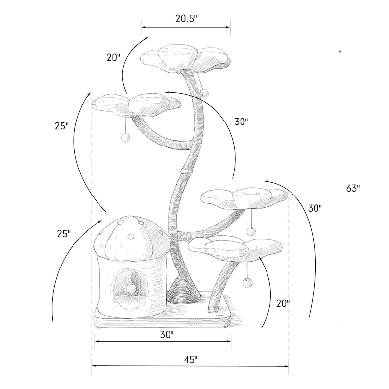 Puede incluir: Un &aacute;rbol para gatos con una casa en forma de hongo y m&uacute;ltiples plataformas. El &aacute;rbol mide 160 cm de alto, con plataformas de 51 a 76 cm de di&aacute;metro. La base mide 114 cm de ancho. Incluye bolas de juguete colgantes.