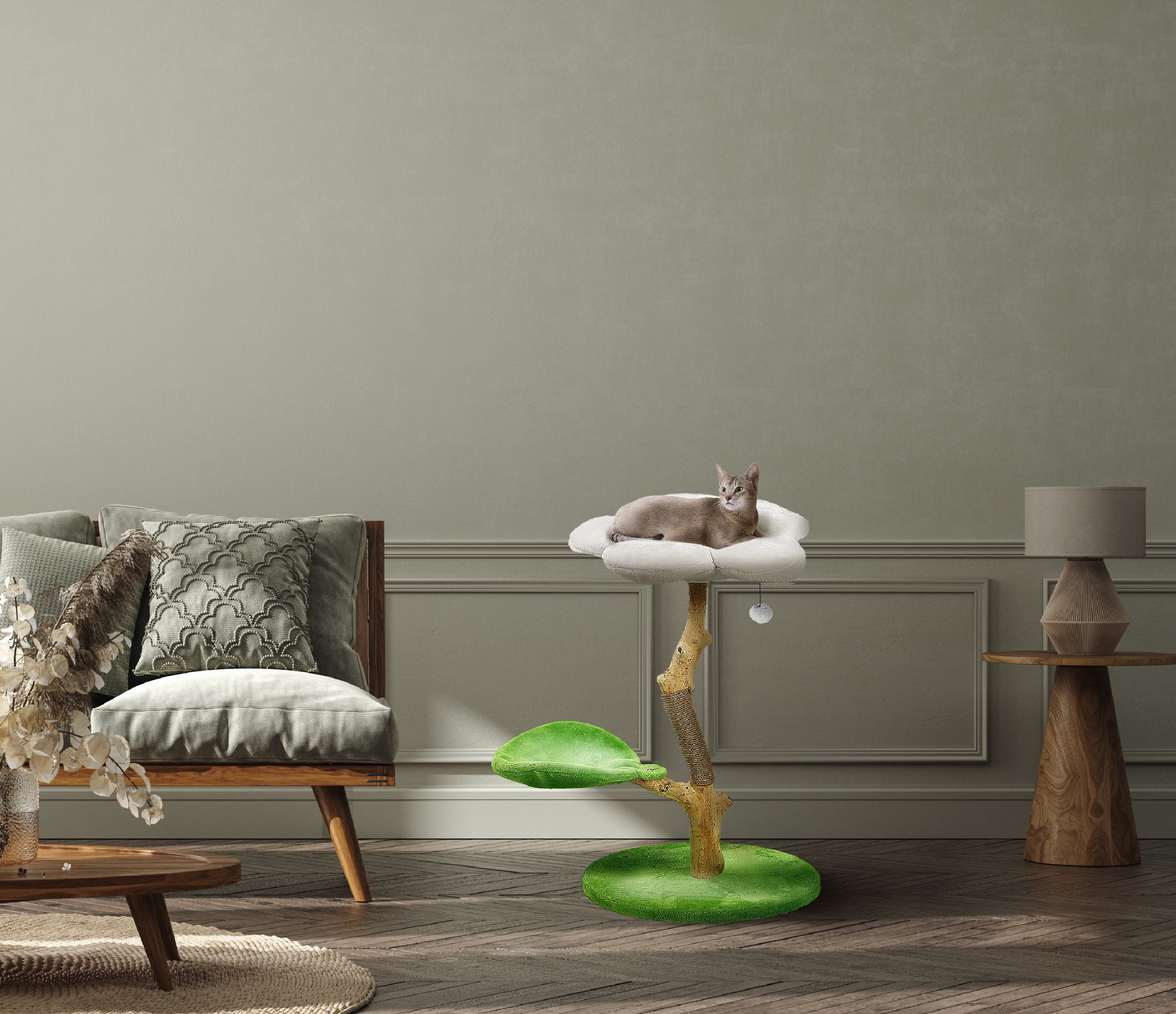 Arbre à Chat Floral en Bois, Tour Maison de Moderne, Meubles Pour Chats, Arbre Grimpant Chats Fleurs