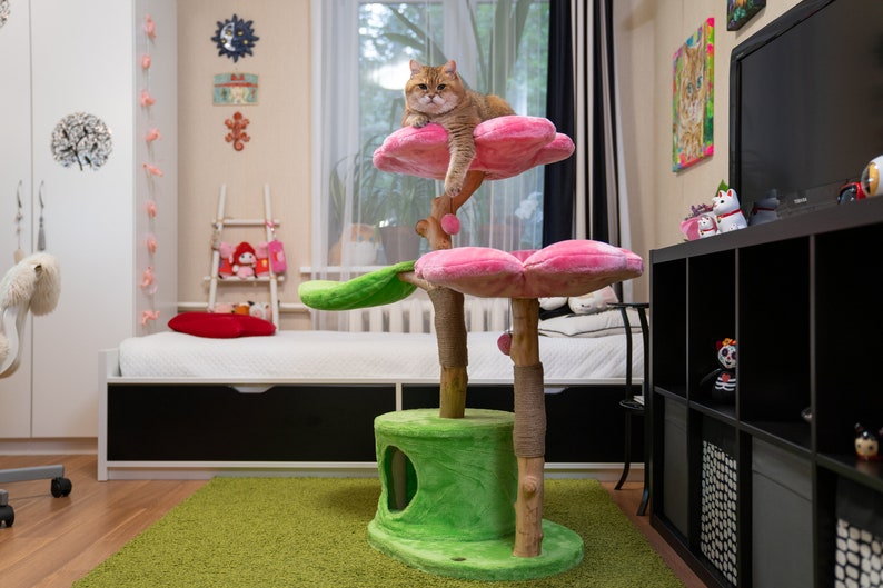 Wooden Cat Tree Tower, Wood Floral Cat Tree Tower, Modern Cat Tree, Cat Furniture, Cat Gift, Luxury Cat Condo, Flower Cat Tree, Size XL image 2