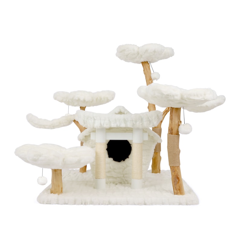 May include: White cat tree with multiple platforms and a cozy house. The platforms are covered in soft, white fur and the house has a round opening. The tree is made of natural wood and has a rustic look.