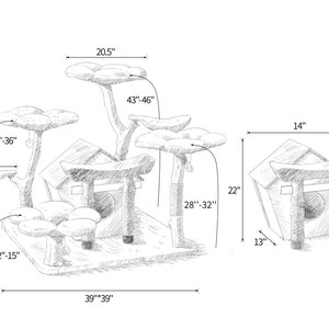 May include: A cat tree shaped like a Japanese temple with a house and multiple platforms. The tree is 39 inches wide, 20.5 inches tall, and the platforms are 12 to 15 inches in diameter. The house is 13 inches wide, 14 inches tall, and 18 inches deep.