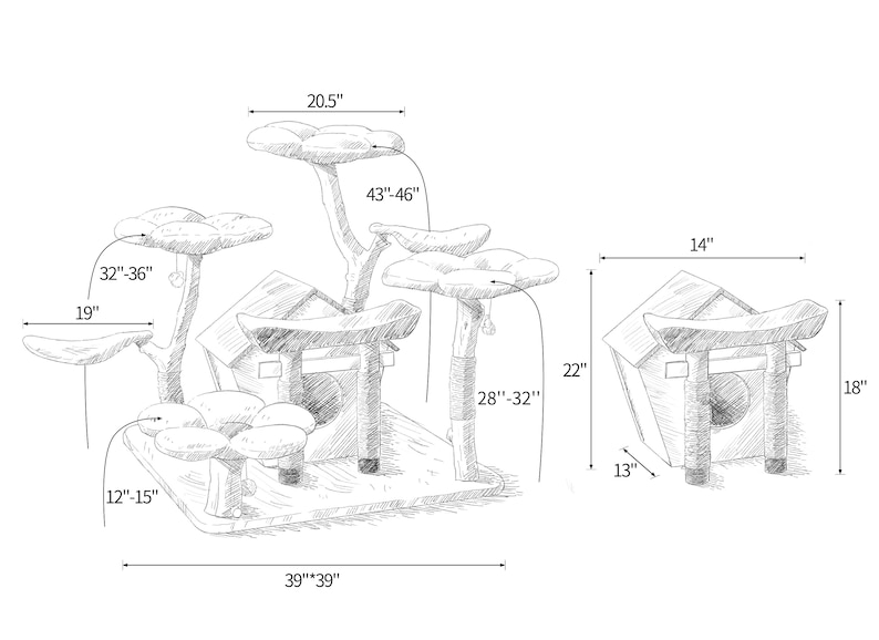 May include: A cat tree shaped like a Japanese temple with a house and multiple platforms. The tree is 39 inches wide, 20.5 inches tall, and the platforms are 12 to 15 inches in diameter. The house is 13 inches wide, 14 inches tall, and 18 inches deep.