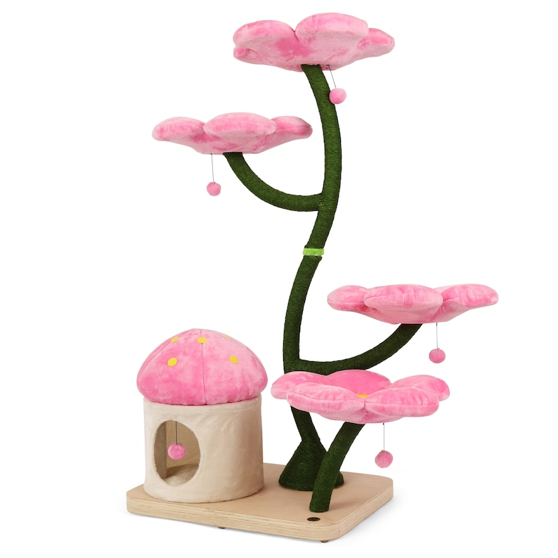 May include: Pink cat tree shaped like a flower with a pink mushroom-shaped house at the base. The tree has three platforms and a scratching post.