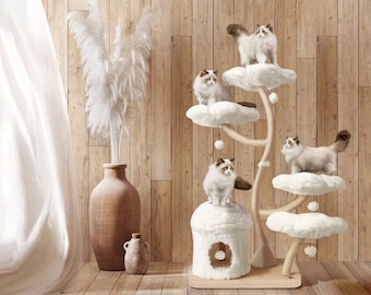 EDEN Wood Floral Cat Tree Tower, Wooden Cat Tower, Modern Cat Climbing Tree, Cat Furniture, Cat Gift, Luxury Cat Condo, Flower Cat Tree, TB