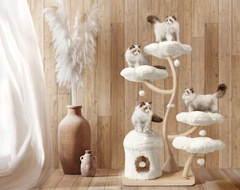 EDEN Houten Bloemen Krabpaal Toren, Houten Kattentoren, Moderne Kattenklimboom, Kattenmeubilair, Kattencadeau, Luxe Kattenappartement, Bloemkrabboom, TB