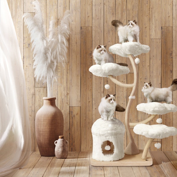 EDEN Wood Floral Cat Tree Tower, Wooden Cat Tower, Modern Cat Climbing Tree, Cat Furniture, Cat Gift, Luxury Cat Condo, Flower Cat Tree, TB