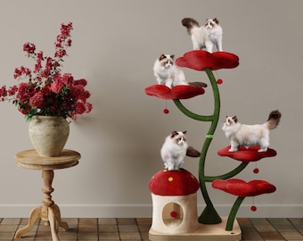 EDEN Wood Floral Cat Tree Tower, Wooden Cat Tower, Modern Cat Climbing Tree, Cat Furniture, Cat Gift, Luxury Cat Condo, Flower Cat Tree, ZR