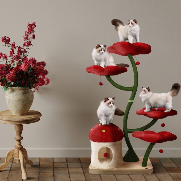 Tour d'arbre à chat floral en bois EDEN, tour en bois pour chat, arbre à chat moderne à grimper, meubles pour chat, cadeau chat, appartement de luxe pour chat, arbre à chat fleuri, ZR