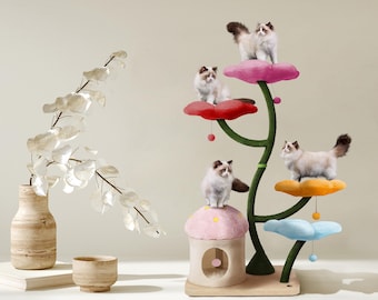 EDEN SO Wood Floral Cat Tree Tower, Wooden Cat Tower, Modern Cat Climbing Tree, Cat Furniture, Cat Gift, Luxury Cat Condo, Flower Cat Tree