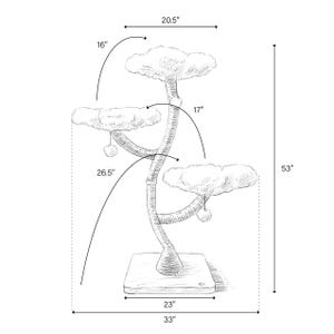 May include: A sketch of a cat tree with three cloud-shaped platforms, a central trunk, and a square base. The tree is 53 inches tall, with a base of 33 inches wide and 23 inches deep. The top platform is 20.5 inches wide.