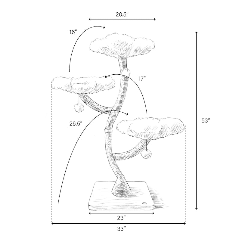 May include: A sketch of a cat tree with three cloud-shaped platforms, a central trunk, and a square base. The tree is 53 inches tall, with a base of 33 inches wide and 23 inches deep. The top platform is 20.5 inches wide.