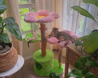 Wood Floral Cat Tree Tower, Wooden Cat Tower, Modern Cat Tree, Cat Furniture, Cat Gift, Luxury Cat Condo, Flower Cat Tree Size XL