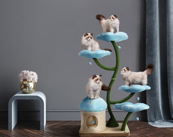 EDEN Wood Floral Cat Tree Tower, Wooden Cat Tower, Modern Cat Climbing Tree, Cat Furniture, Cat Gift, Luxury Cat Condo, Flower Cat Tree, HB