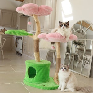 Torre de árbol de gato floral de madera, torre de gato de madera, árbol de gato moderno, muebles de gato, regalo de gato, condominio de gato de lujo, árbol de gato de flores tamaño XL imagen 3