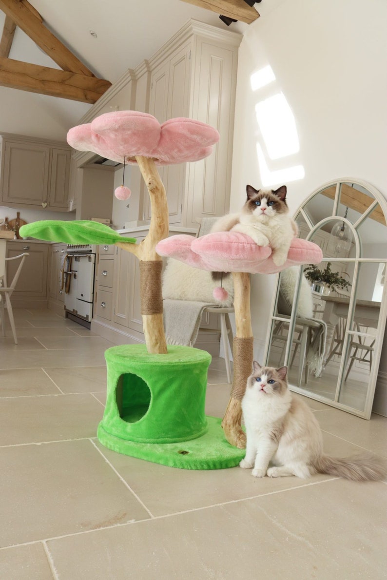 Torre de árbol de gato floral de madera, torre de gato de madera, árbol de gato moderno, muebles de gato, regalo de gato, condominio de gato de lujo, árbol de gato de flores tamaño XL imagen 3
