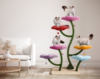 HEXAFLORA Wood Floral Cat Tree Tower, Wooden Cat Tower, Modern Cat Climbing Tree, Cat Furniture, Cat Gift, Luxury Cat Condo, Flower Cat Tree