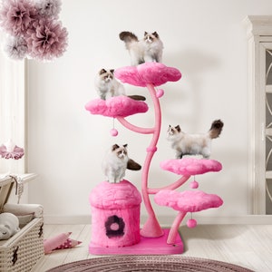 Wood Floral Cat Tree Tower, Wooden Cat Tower, Modern Cat Climbing Tree, Cat Furniture, Cat Gift, Luxury Cat Condo, Flower Cat Tree, Large