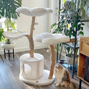 Wood Floral Cat Tree, Cozy Plush, Wooden Cat Tower, Modern Cat House ...