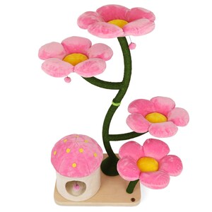 May include: Pink cat tree shaped like a flower with a pink mushroom-shaped house at the base. The tree has four flower-shaped platforms and a green sisal-covered trunk.