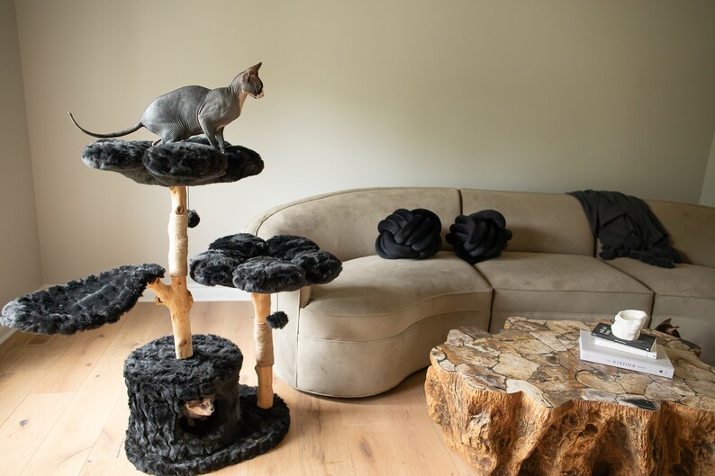 May include: A gray Sphynx cat perches atop a multi-level cat tree with faux fur platforms and a natural wood frame. The cat tree is in a living room with a beige sofa, black knot pillows, and a unique wooden coffee table.