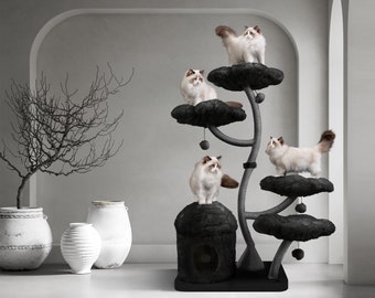 EDEN Wood Floral Cat Tree Tower, Wooden Cat Tower, Modern Cat Climbing Tree, Cat Furniture, Cat Gift, Luxury Cat Condo, Flower Cat Tree, TN