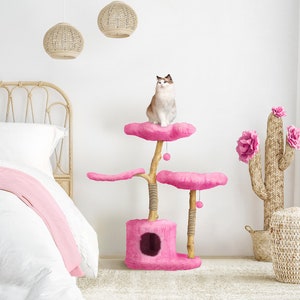 Wooden Cat Tree Tower, Wood Floral Cat Tree Tower, Modern Cat Tree, Cat Furniture, Cat Gift, Luxury Cat Condo, Flower Cat Tree, Size XL