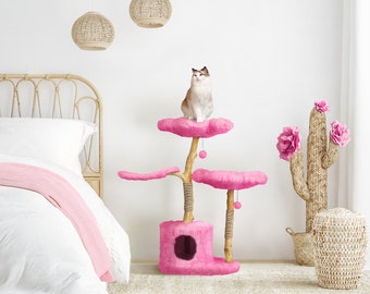 Wooden Cat Tree Tower, Wood Floral Cat Tree Tower, Modern Cat Tree, Cat Furniture, Cat Gift, Luxury Cat Condo, Flower Cat Tree, Size XL