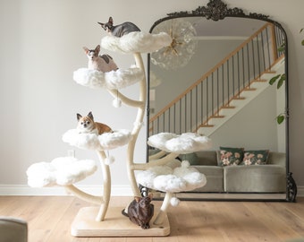 HEXAFLORA Wood Floral Cat Tree Tower, Wooden Cat Tower, Modern Cat Climbing Tree, Cat Furniture, Cat Gift, Luxury Cat Condo, Flower Cat Tree