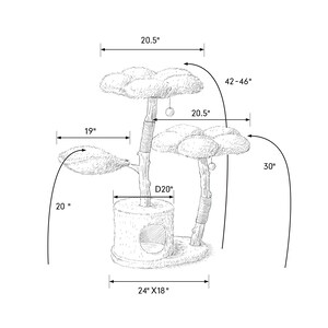 May include: A cat tree with multiple levels, including a base with a circular opening, a cylindrical mid-section, and multiple platforms. The tree is 42-46 inches tall, 24 inches wide, and 18 inches deep.