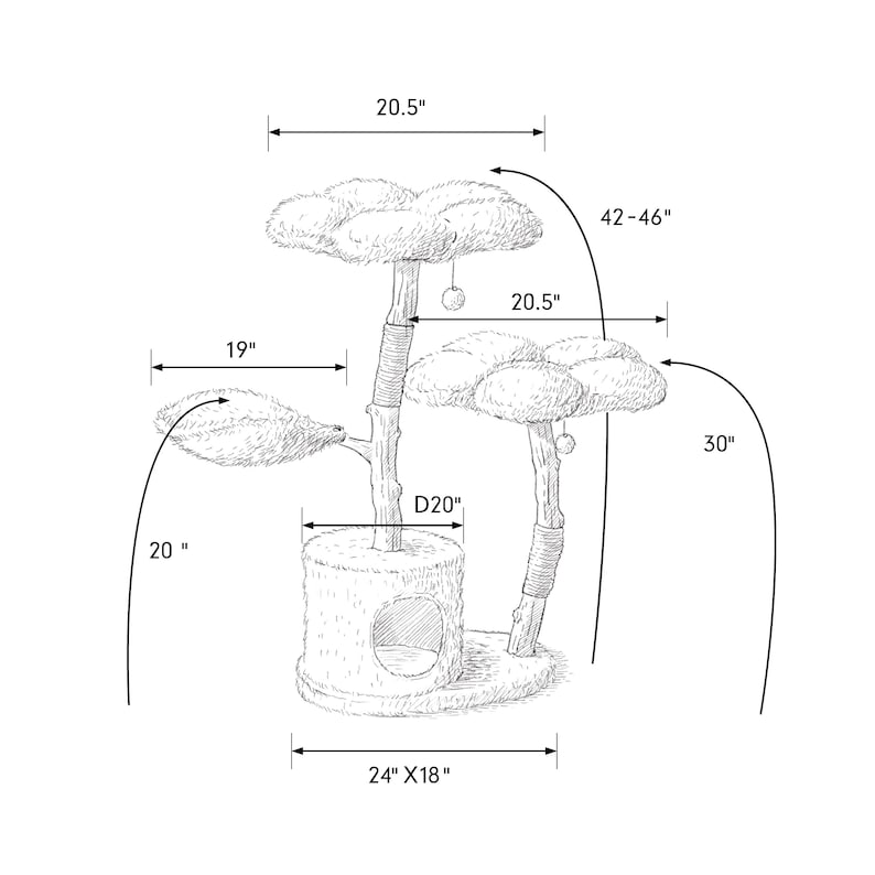 May include: A cat tree with multiple levels, including a base with a circular opening, a cylindrical mid-section, and multiple platforms. The tree is 42-46 inches tall, 24 inches wide, and 18 inches deep.